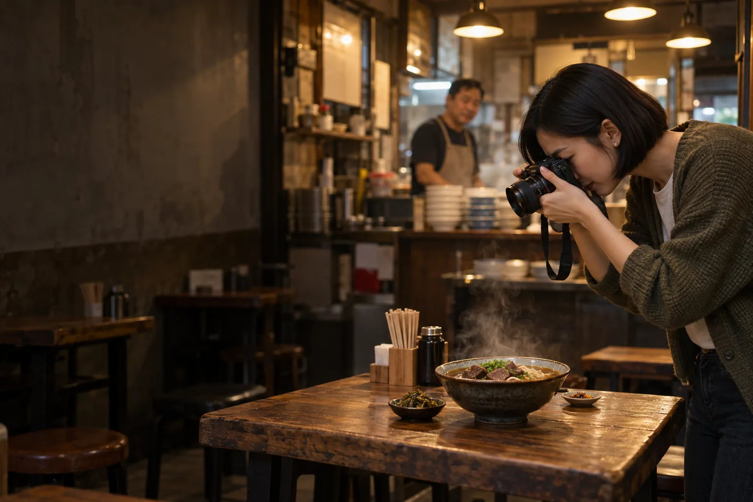 攝影師在小吃店拍攝剛上桌的牛肉麵